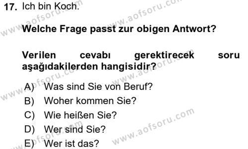 Almanca 1 Dersi Ara Sınavı Deneme Sınav Soruları 17. Soru