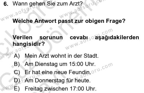 Almanca 1 Dersi Ara Sınavı Deneme Sınav Soruları 6. Soru