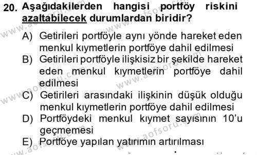 Portföy Yönetimi Dersi Ara Sınavı Deneme Sınav Soruları 20. Soru