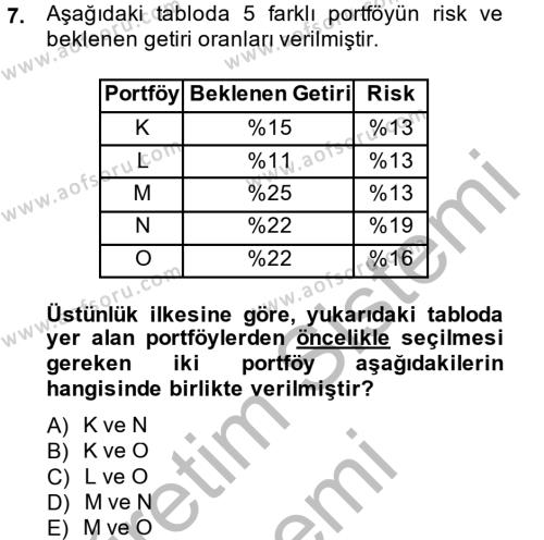 Portföy Yönetimi Dersi Ara Sınavı Deneme Sınav Soruları 7. Soru