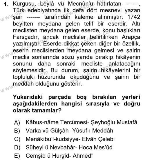 XIV-XV. Yüzyıllar Türk Edebiyatı Dersi Ara Sınavı Deneme Sınav Soruları 1. Soru