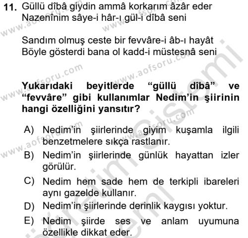 XVIII. Yüzyıl Türk Edebiyatı Dersi Ara Sınavı Deneme Sınav Soruları 11. Soru
