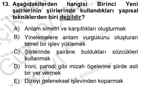 Cumhuriyet Dönemi Türk Şiiri Dersi Ara Sınavı Deneme Sınav Soruları 13. Soru
