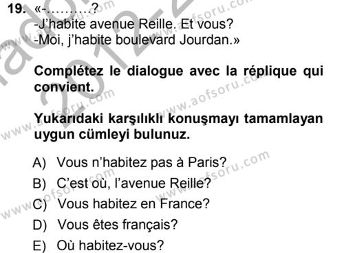 Fransızca 1 Dersi Ara Sınavı Deneme Sınav Soruları 19. Soru