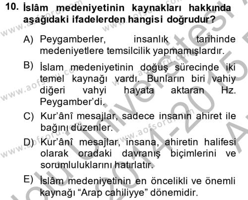 İslam Kurumları ve Medeniyeti Dersi Ara Sınavı Deneme Sınav Soruları 10. Soru