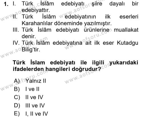 Türk İslam Edebiyatı Dersi Ara Sınavı Deneme Sınav Soruları 1. Soru