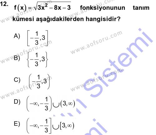 Genel Matematik Dersi Ara Sınavı Deneme Sınav Soruları 12. Soru