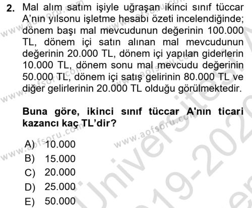 Türk Vergi Sistemi Dersi 2019 - 2020 Yılı (Final) Dönem Sonu Sınav Soruları 2. Soru