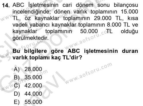 AÖF Genel Muhasebe 1 Dersi 2019 - 2020 Yılı (Vize) Ara Sınavı - AÖF Soru