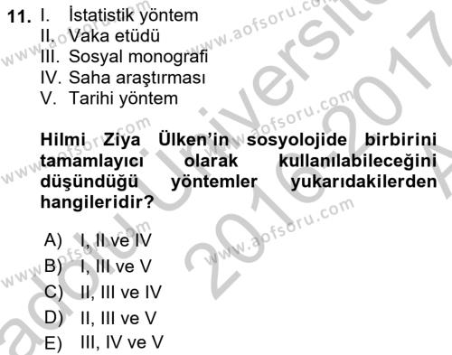 Türk Sosyologları Dersi Ara Sınavı Deneme Sınav Soruları 11. Soru