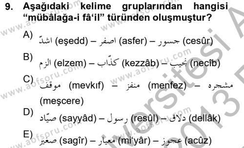 Osmanlı Türkçesi 2 Dersi Ara Sınavı Deneme Sınav Soruları 9. Soru
