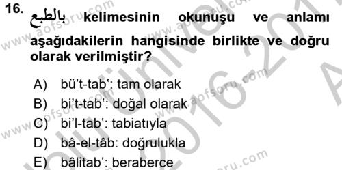 Osmanlı Türkçesi 2 Dersi Ara Sınavı Deneme Sınav Soruları 16. Soru