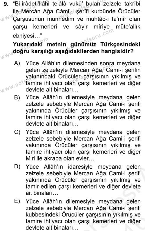 Osmanlı Türkçesi Metinleri 2 Dersi Ara Sınavı Deneme Sınav Soruları 9. Soru