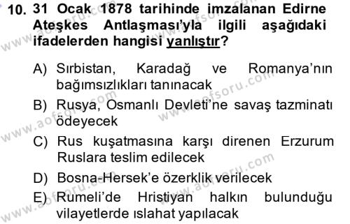 Osmanlı Tarihi (1876–1918) Dersi Ara Sınavı Deneme Sınav Soruları 10. Soru
