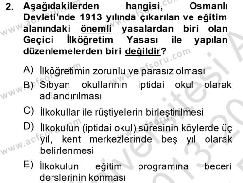 Türk Eğitim Tarihi Dersi 2013 - 2014 Yılı Tek Ders Sınav Soruları 2. Soru