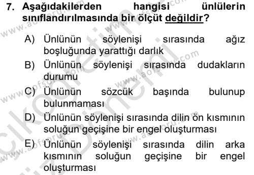 Türkçe Ses Bilgisi Dersi Ara Sınavı Deneme Sınav Soruları 7. Soru