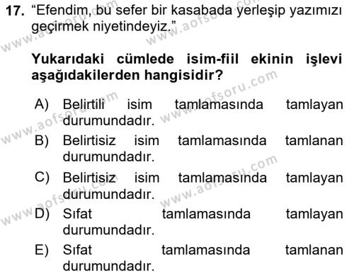 Türkçe Cümle Bilgisi 1 Dersi Ara Sınavı Deneme Sınav Soruları 17. Soru