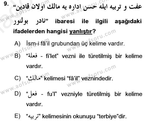 Osmanlı Türkçesi Grameri 1 Dersi Ara Sınavı Deneme Sınav Soruları 9. Soru