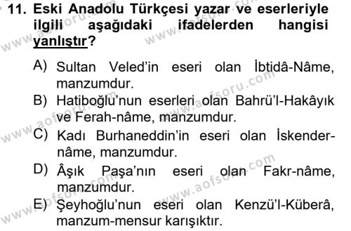 XIV-XV. Yüzyıllar Türk Dili Dersi Ara Sınavı Deneme Sınav Soruları 11. Soru