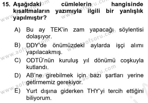 Türk Dili 2 Dersi Ara Sınavı Deneme Sınav Soruları 15. Soru