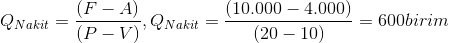 Q_{Nakit}= frac{(F-A)}{(P-V)},Q_{Nakit}=frac{(10.000-4.000)}{(20-10)}=600birim